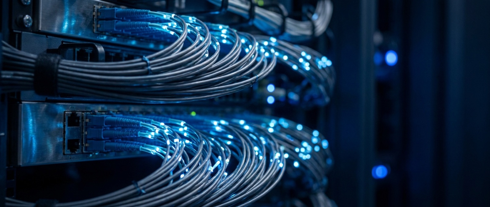 Orderly fiber-optic network cabling with cool blue connector lights