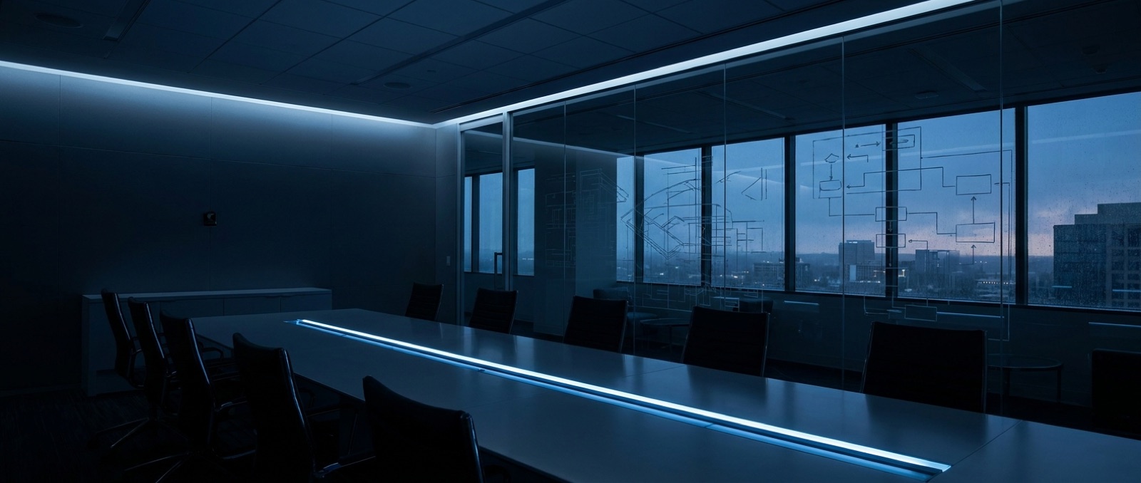 Quiet strategy room at dusk with a glass wall of systems diagrams