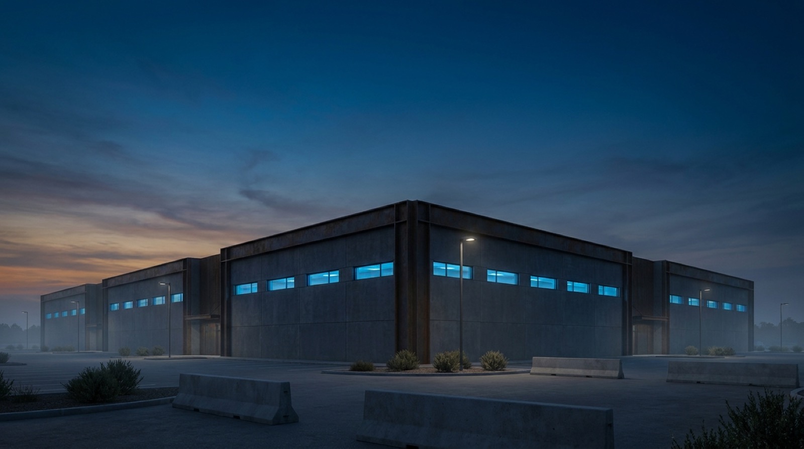 Veteran-owned federal small-business credentials over a dusk facility