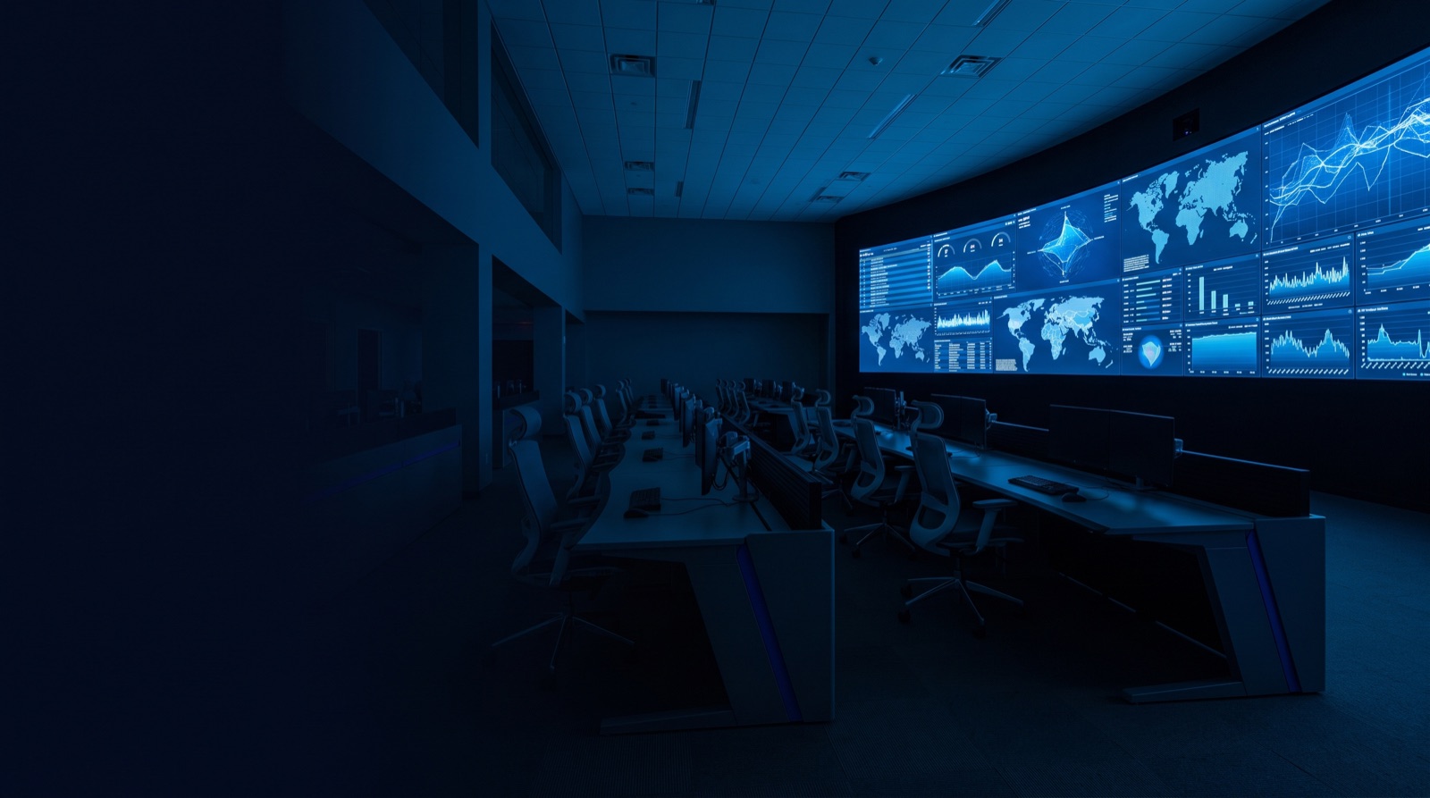 Network operations center at dusk, monitor wall glowing cool blue