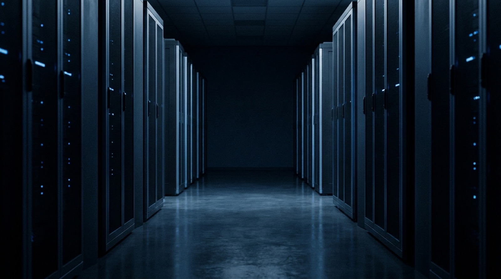 Secure server hall with cool blue edge lighting